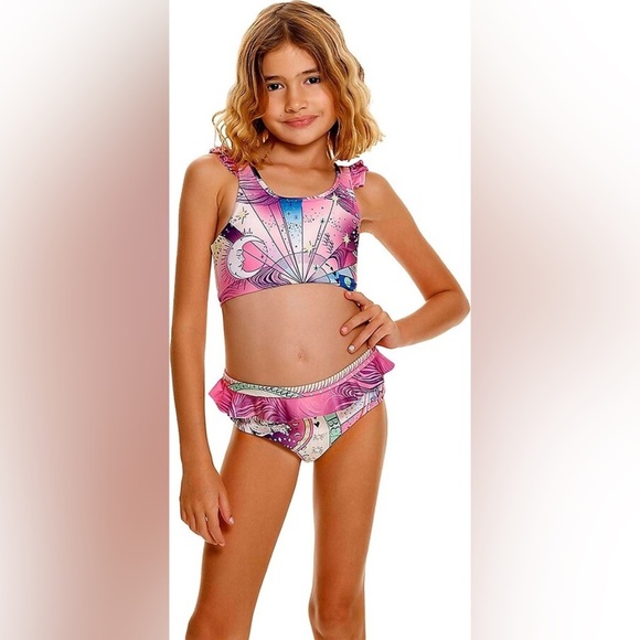 NWT Agua Bendita Keily Eter Two Piece Pink Ruffle Bikini Set Girls Size 2 - Picture 1 of 7